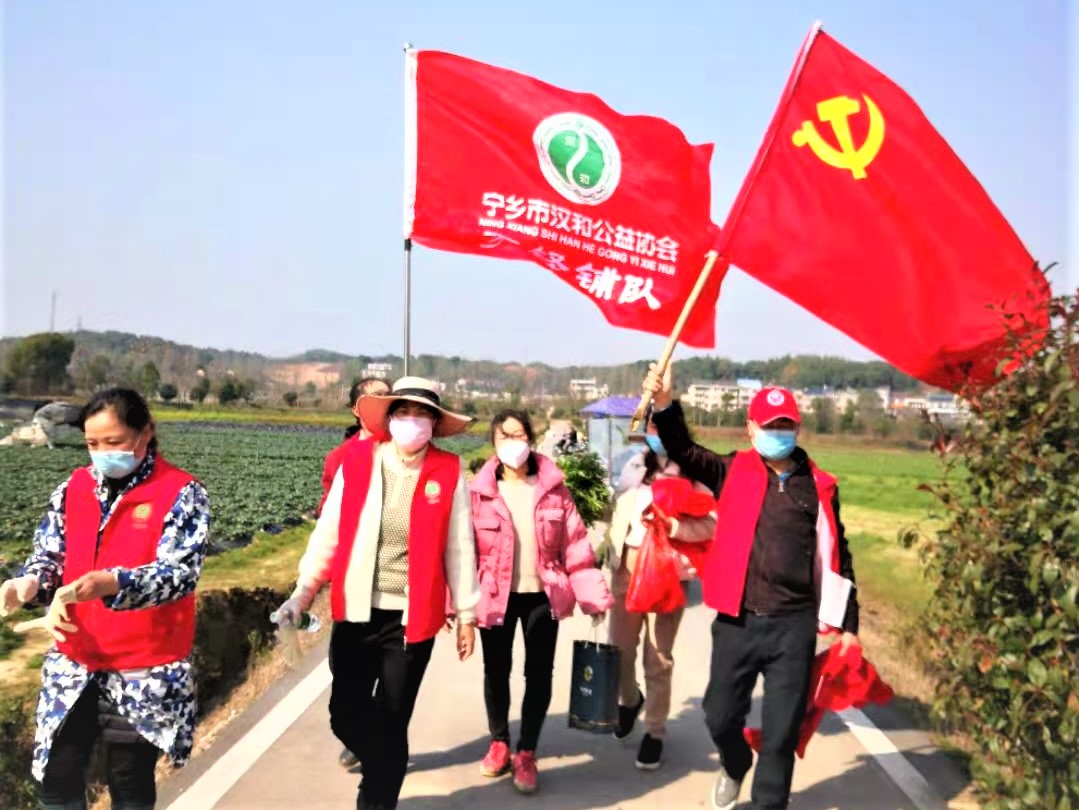 在宁乡市夏铎铺镇，党员和志愿者一起维护环境卫生，共建美丽乡村。资料图片