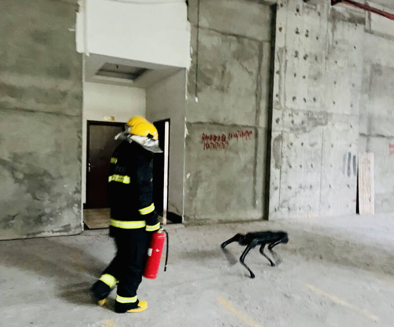 “机器狗”带着消防员直扑“火场”救人。 均为长沙晚报全媒体记者 李卓 摄