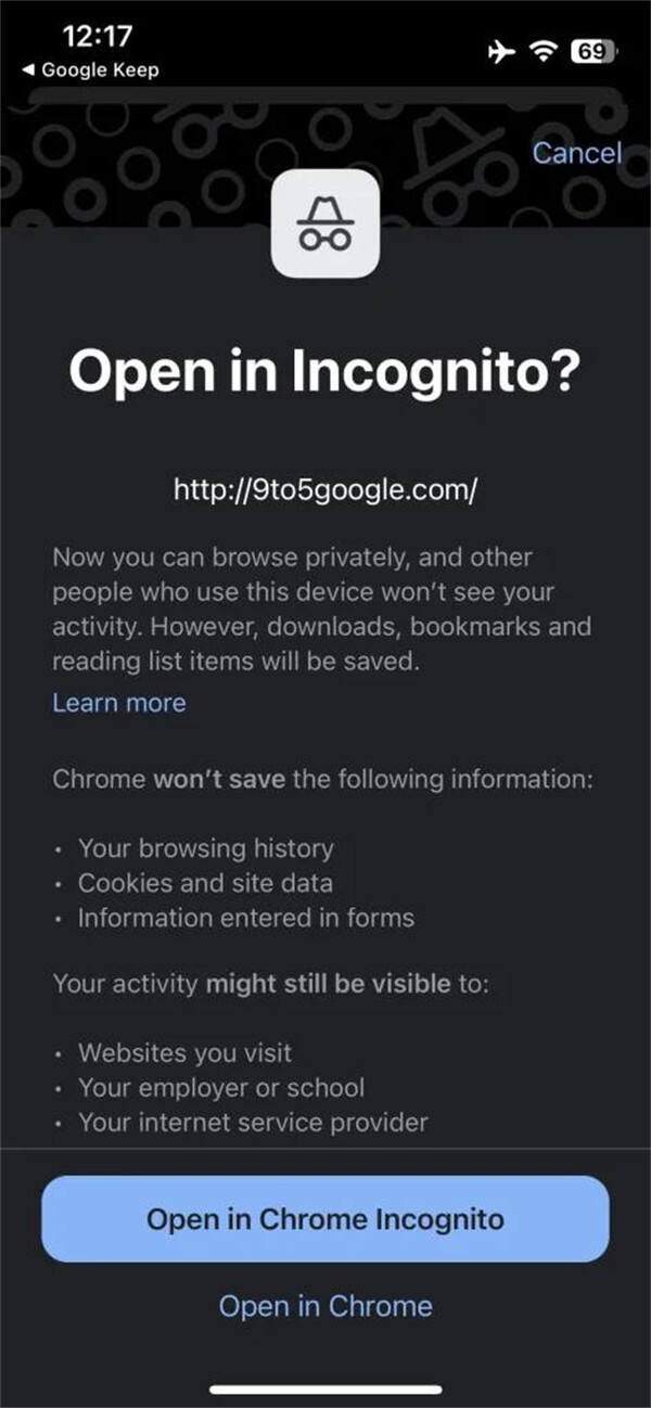 iOS版谷歌Chrome浏览器108版本引入新特性：允许在隐身模式下快速打开外部链接