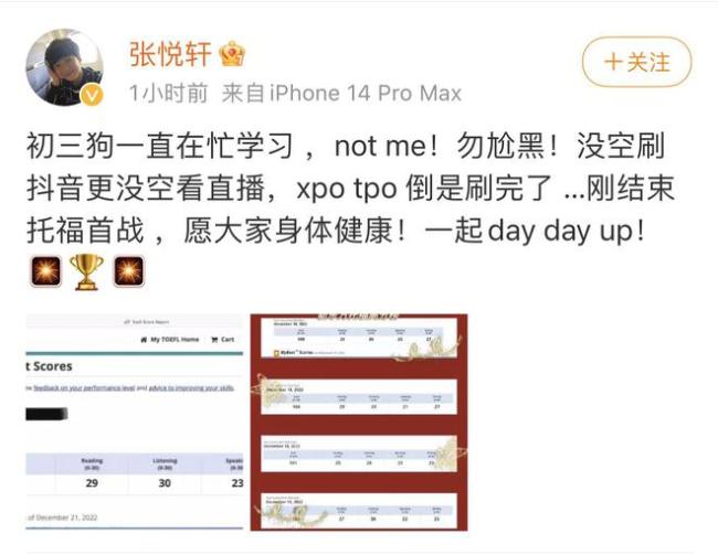 张亮儿子张悦轩晒托福高分成绩 否认关注网红