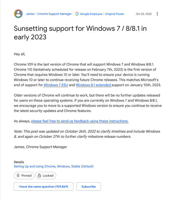 谷歌将于 1 月 10 日在 Win7、Win8 和 Win8.1 系统版本停止对 Chrome 浏览器的支持