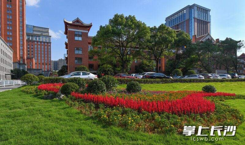 湘雅医院内，花团锦簇下的“小红楼”，宛如闹市中心的公园。 长沙晚报全媒体记者 邹麟 摄