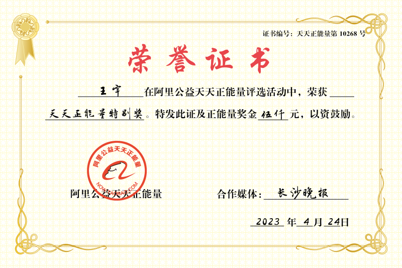 王宇获评天天正能量特别奖。 荣誉证书截图