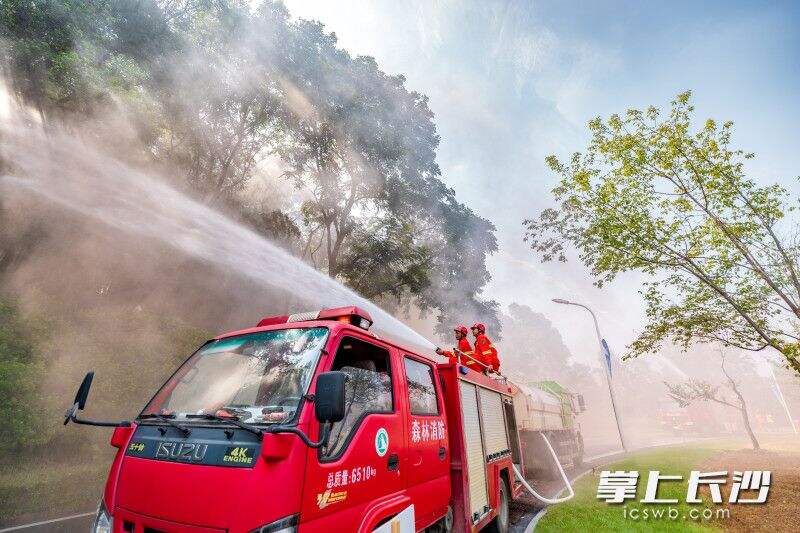 消防救援队员利用车顶消防灭火水炮灭火  图片均为全媒体记者 陈飞 摄