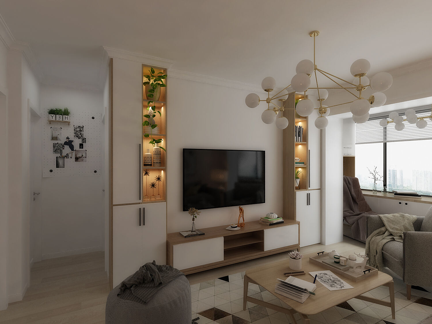 100平现代风装修全屋简洁质感，水泥质感的电视背景墙纯粹而简单