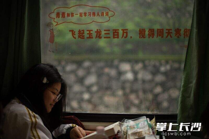 红色研学专列车窗上，贴着毛泽东的诗词。