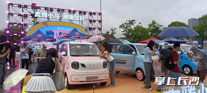 密密的雨丝阻挡不了车迷和奔腾小马互动的热情。 均为长沙晚报全媒体记者 曹开阳 摄