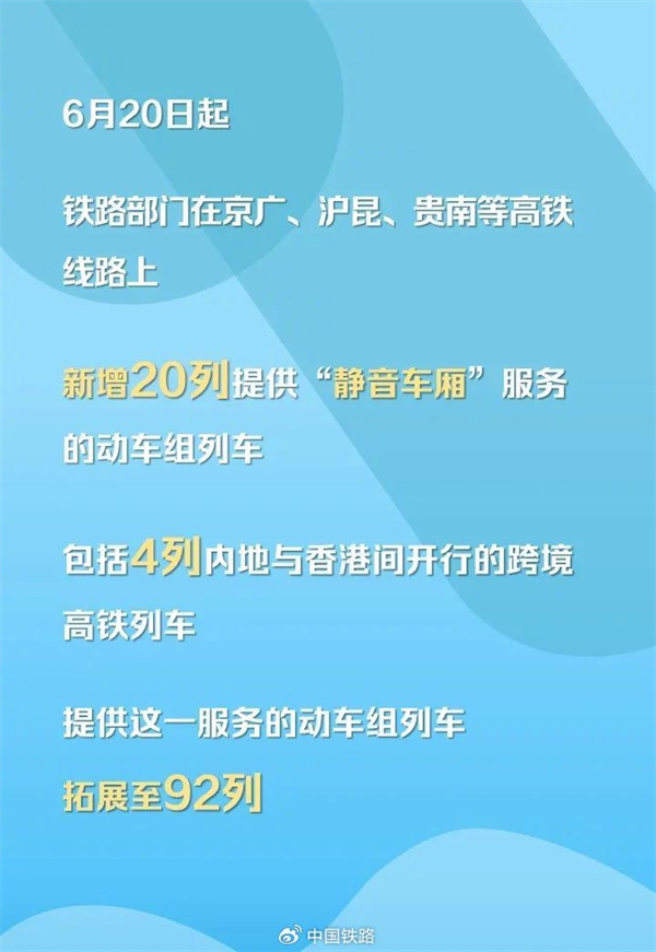 中国铁路： 6月20日起新增20列，拓展至92列