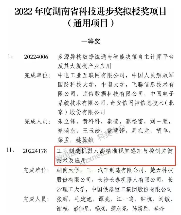 长泰机器人科研成果荣获湖南省科技进步奖一等奖